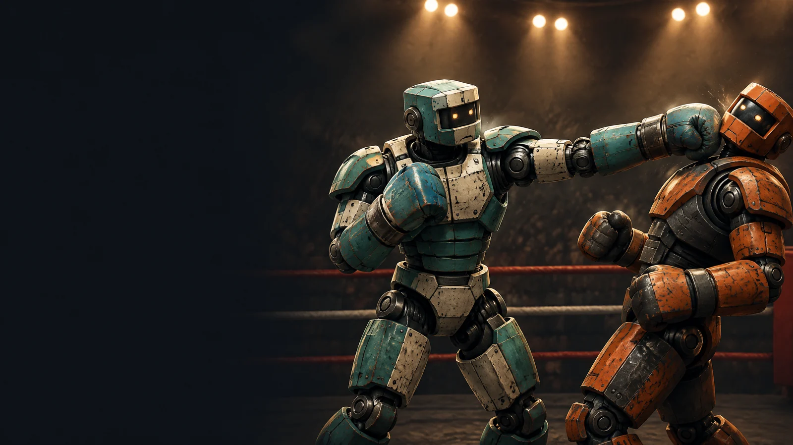 Illustration of teal and orange robot boxers facing off in a ring