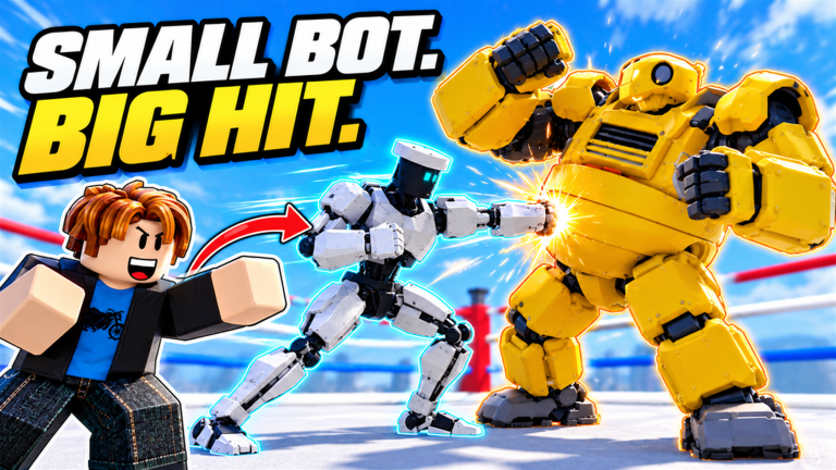A small white robot punching a larger yellow robot in official promotional artwork.