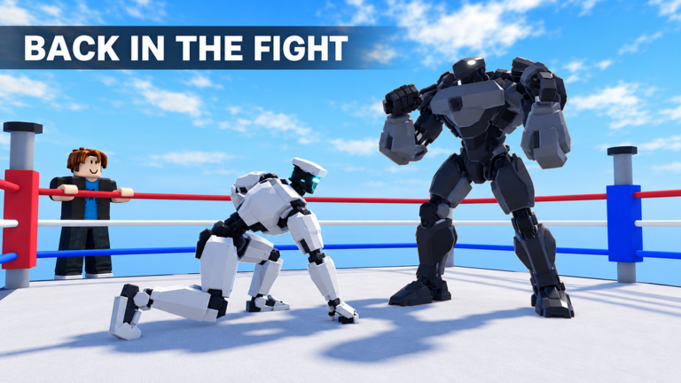 A white robot getting up while a dark robot stands nearby in official promotional artwork.